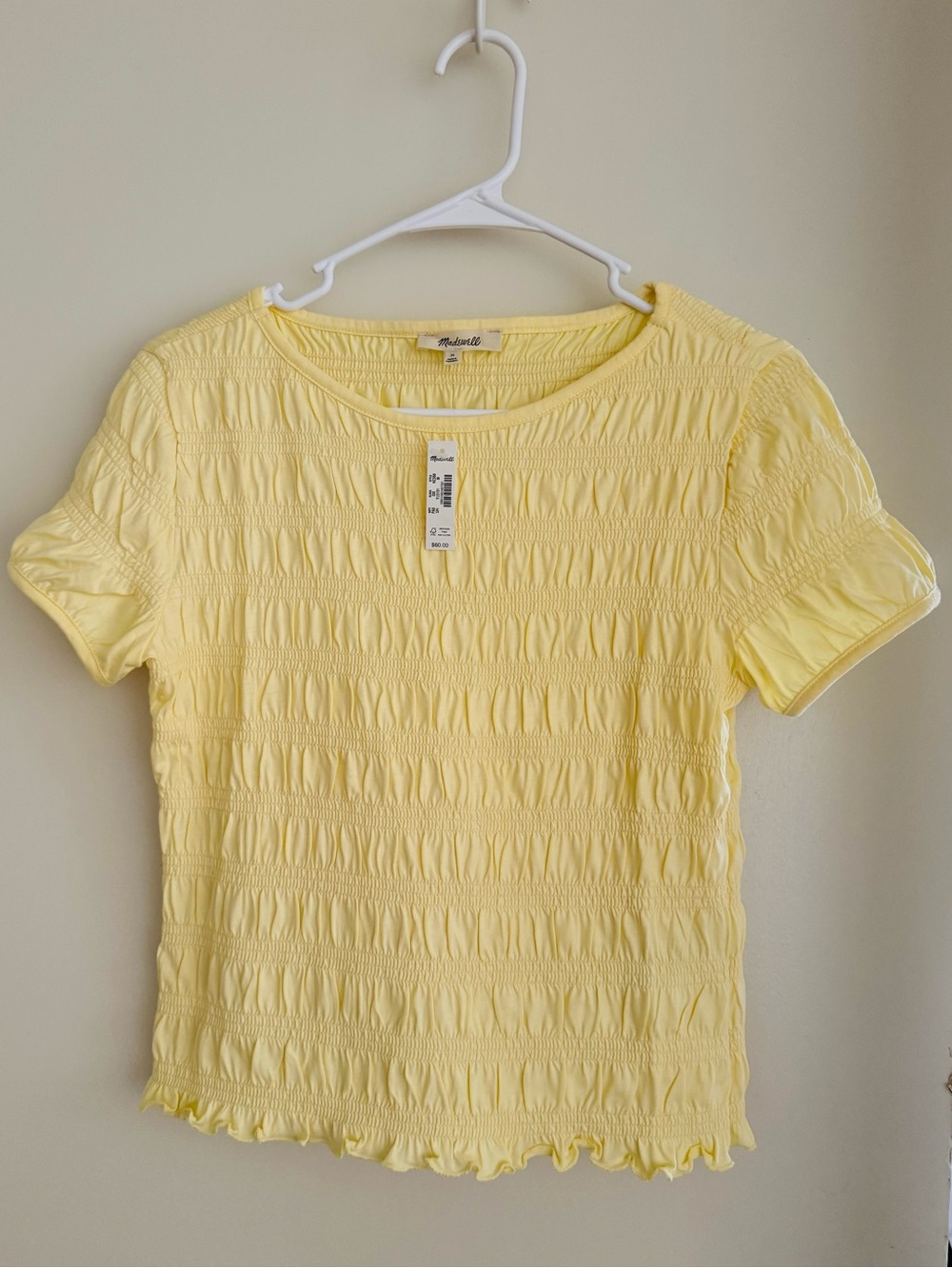 Madewell Light Yellow Smocked ,boatneck,Short Sleeve Tee